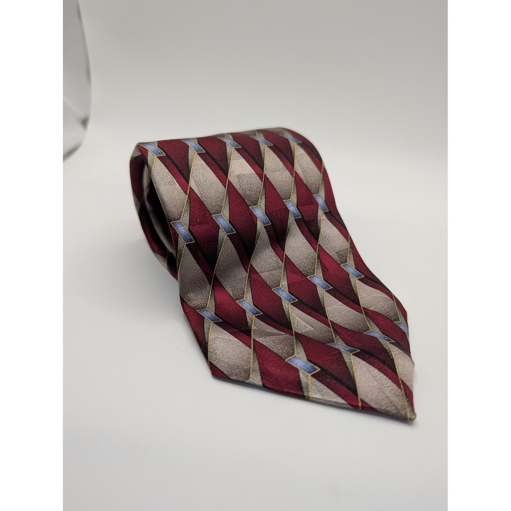 Stafford Mens Tie Burgundy Silver Geometric Diamond 100% Imported Silk Necktie